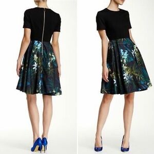 Ted Baker Black Top with Blue and Green Floral Midi Skirt